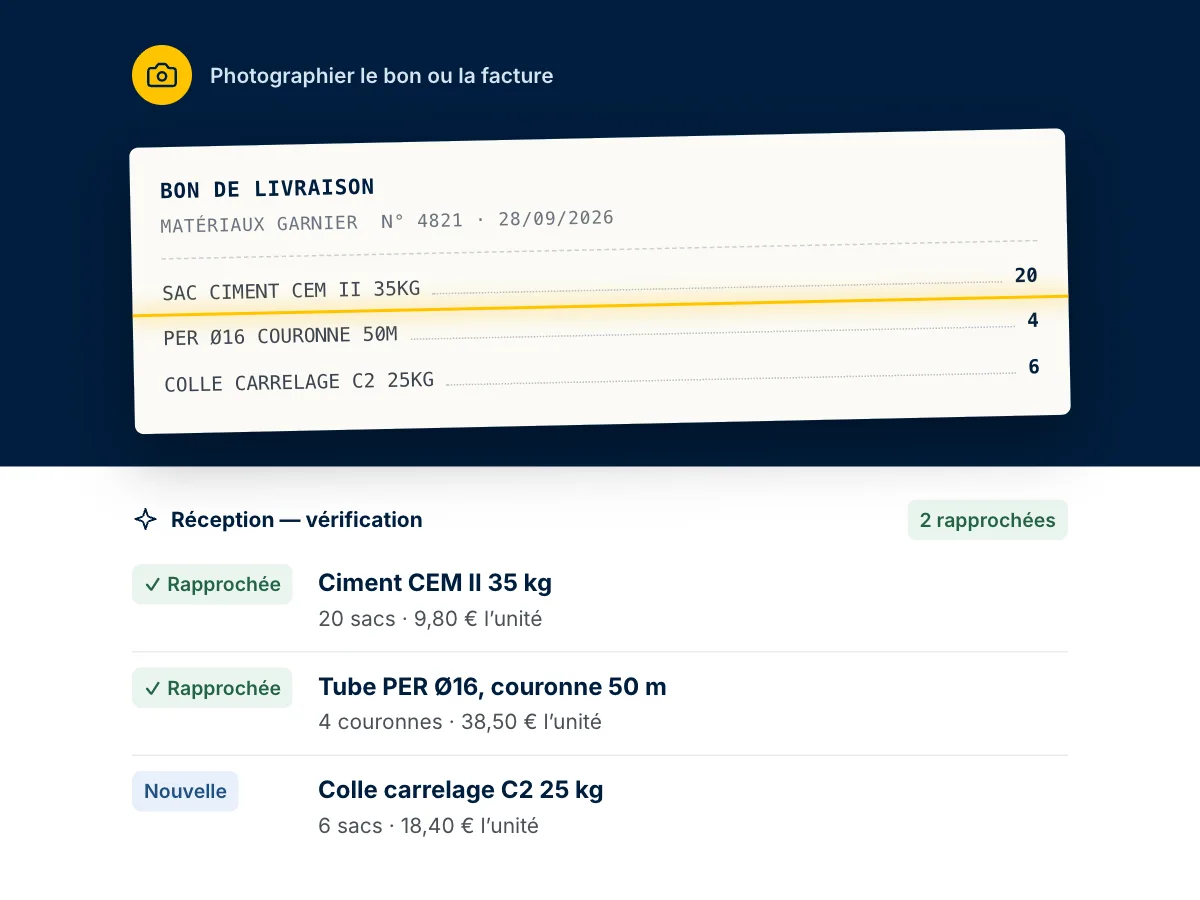La réception de stock dans Kalepin : un bon de livraison photographié, dont les lignes sont rapprochées du catalogue avant l’entrée en stock