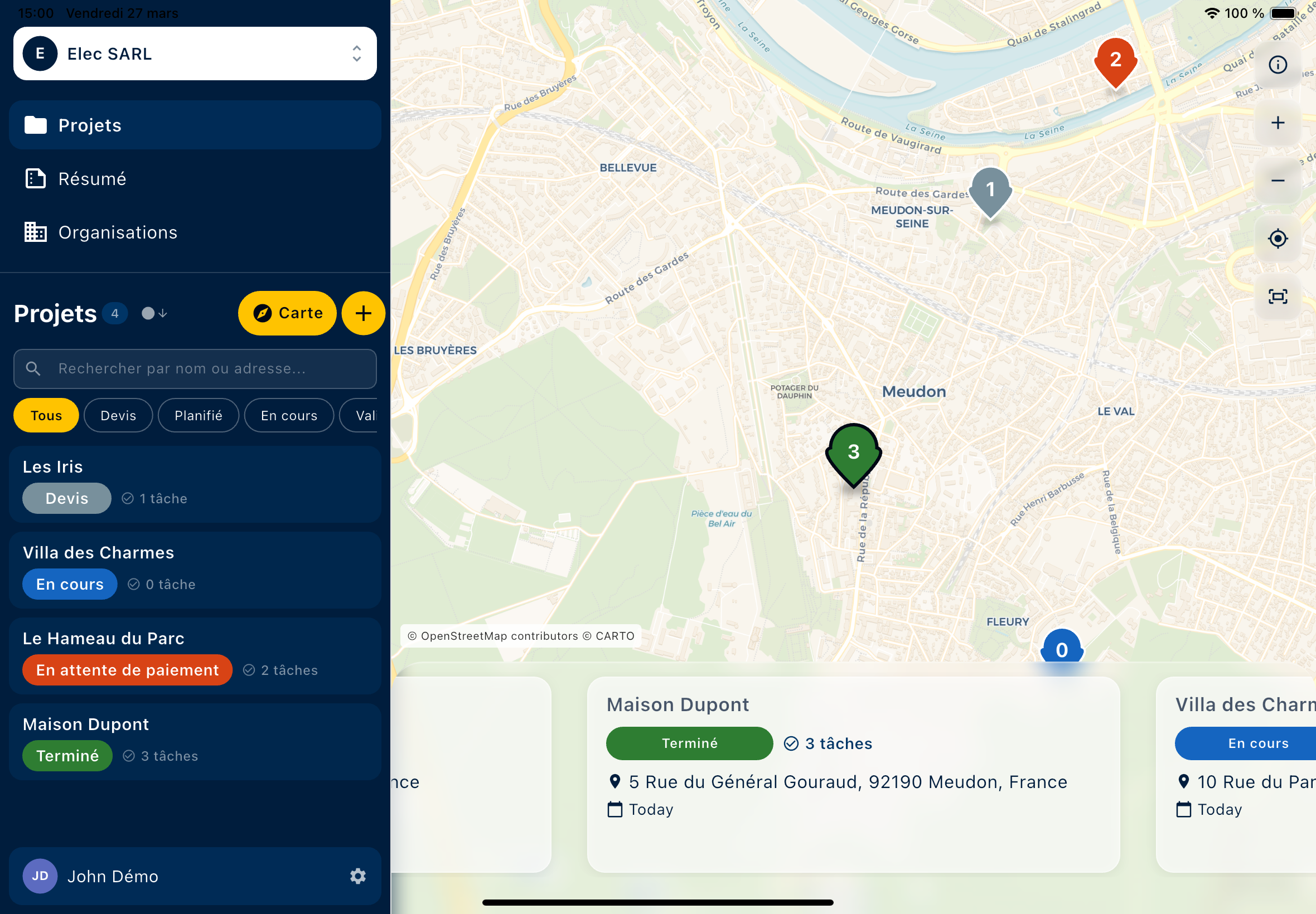 Kalepin sur iPad — vue projet avec chat, tâches et photos