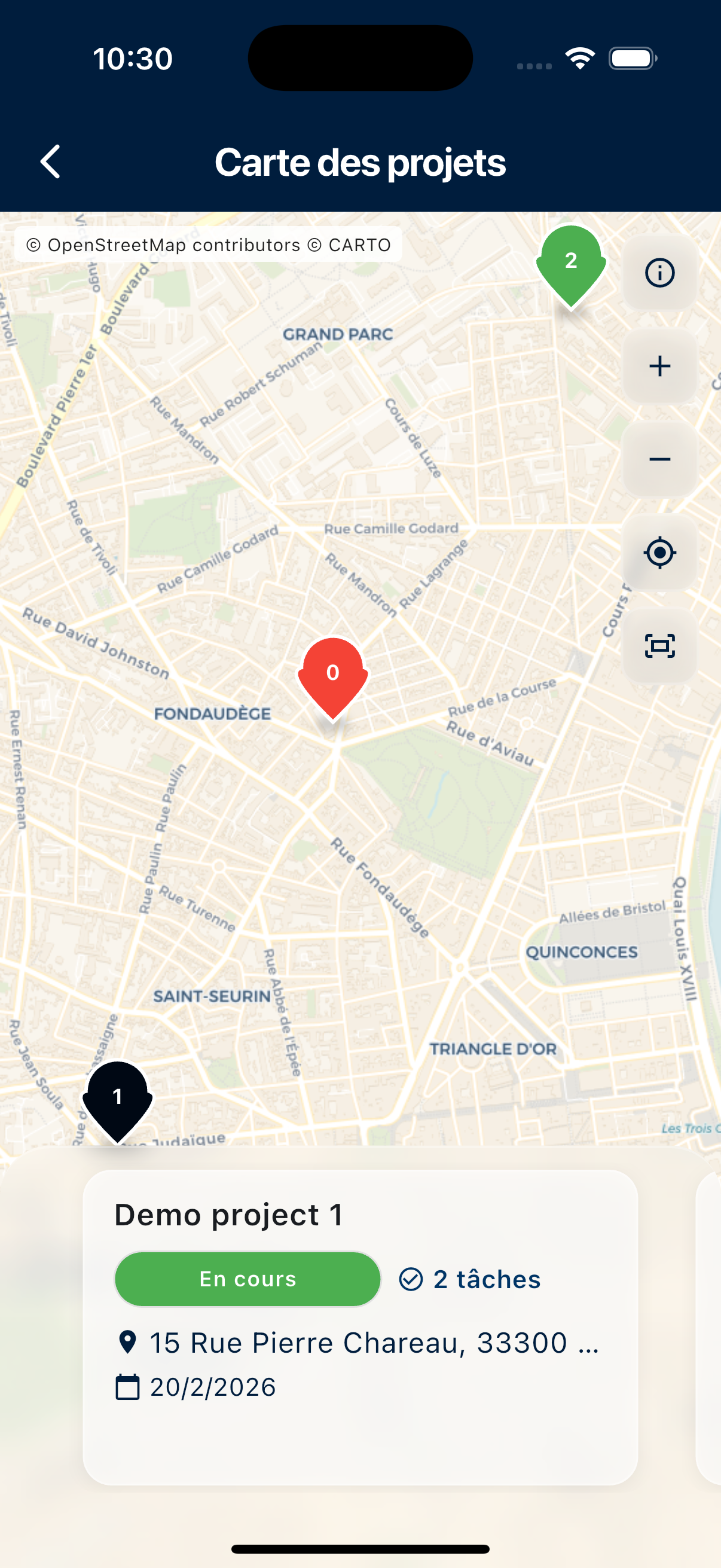 Carte interactive des chantiers dans l'application Kalepin