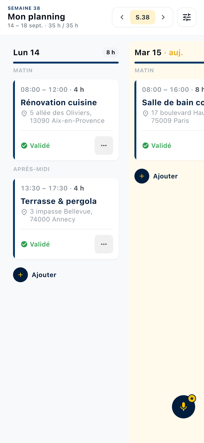 « Mon planning » d’une équipière dans Kalepin : sa semaine, avec les heures validées par chantier