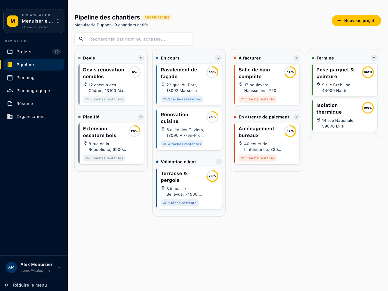 La vue Pipeline de Kalepin : les chantiers organisés en colonnes par statut
