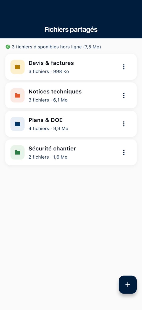 La bibliothèque de fichiers partagés de Kalepin : des dossiers de plans, devis et notices, et le nombre de fichiers gardés hors ligne