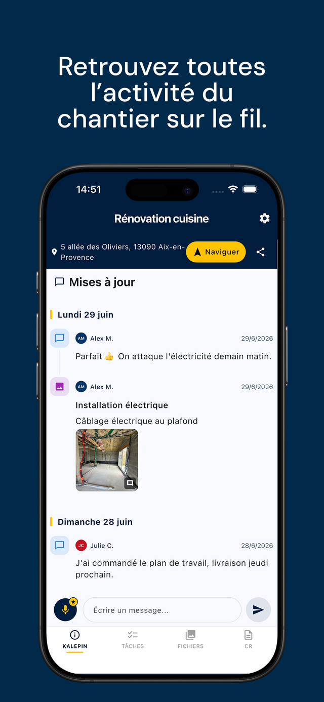 Fil d'activité — Retrouvez toute l'activité du chantier sur le fil